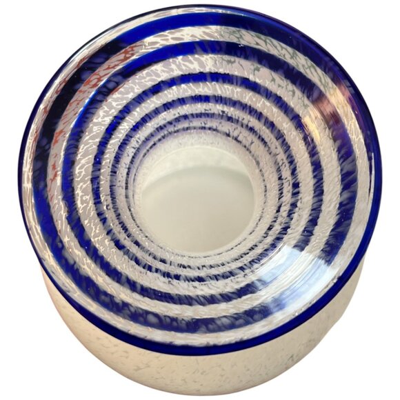 Art Glass Vase– Cobalt Blue Applied Swirl, White Textured Body, Flared Mouth - Picture 3 of 7